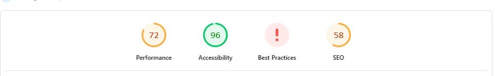 Google PageSpeed Insights before the engagement — Performance 72, SEO 58