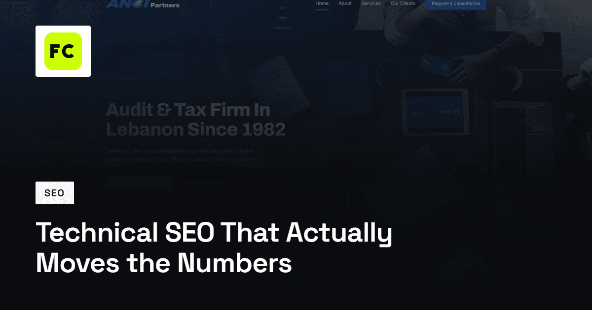 Blog title card with the FC monogram and the title “Technical SEO That Actually Moves the Numbers” over a dimmed screenshot of the ANCI Partners website