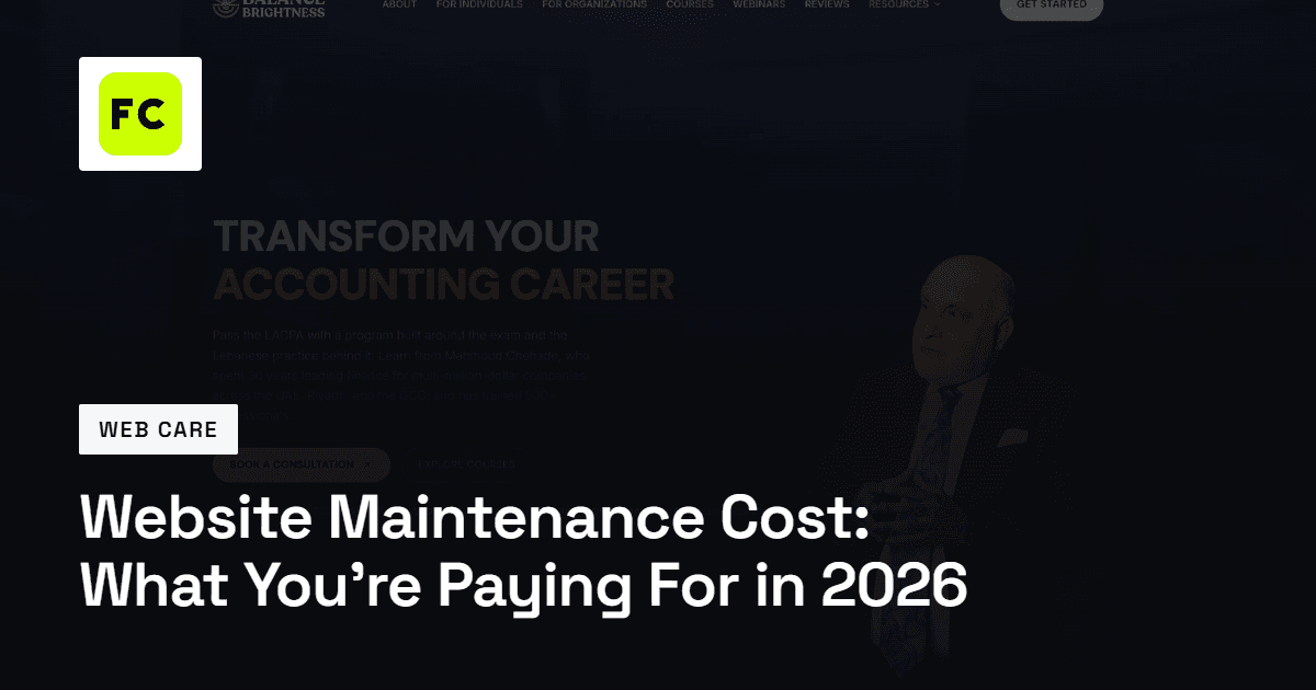 Blog title card with the FC monogram and the title “Website Maintenance Cost: What You’re Paying For in 2026” over a dimmed screenshot of the Balance Brightness website